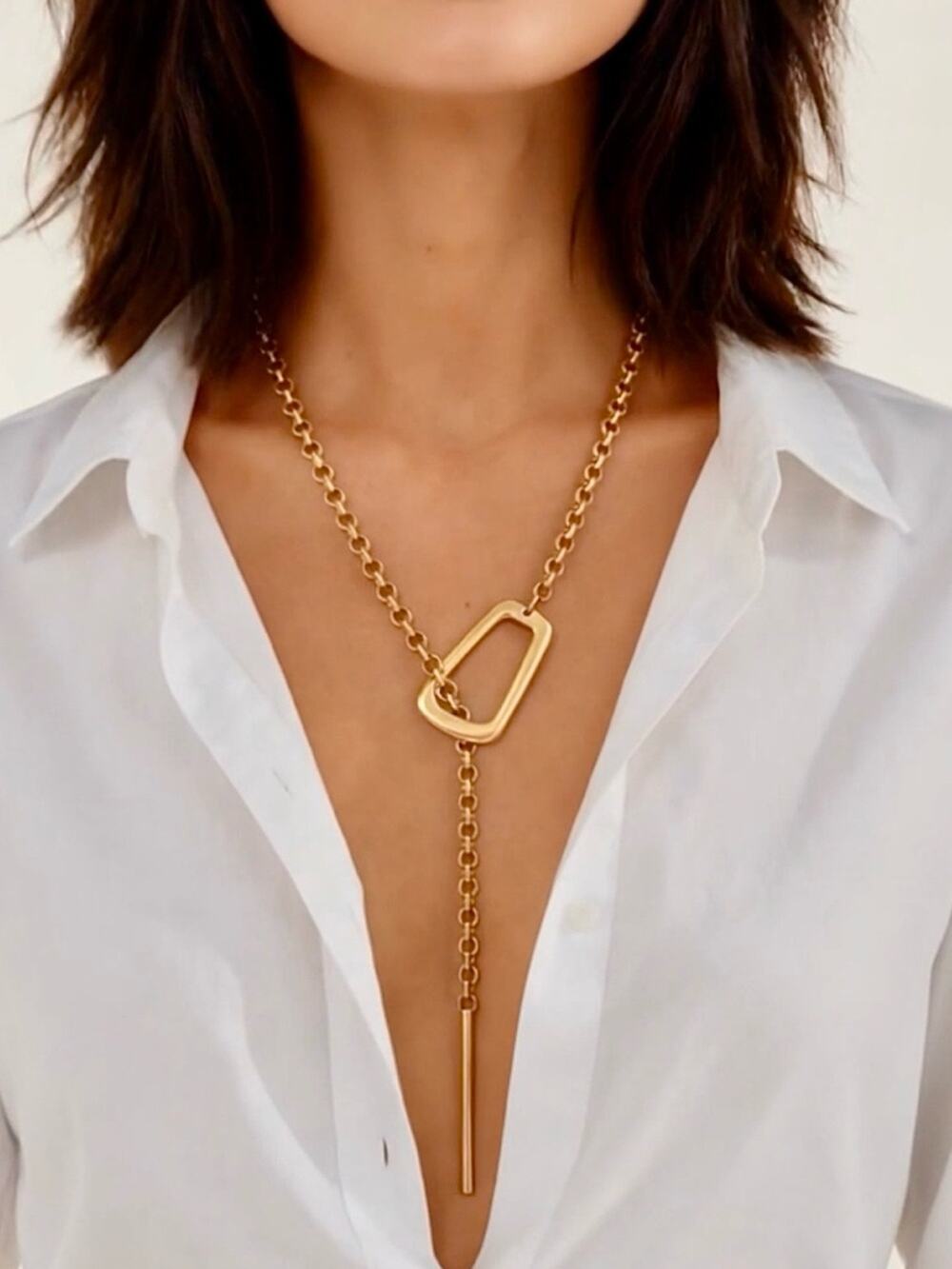 Stainless Steel Gold Geometric Y Lariat Necklace Waterproof Statement Chain